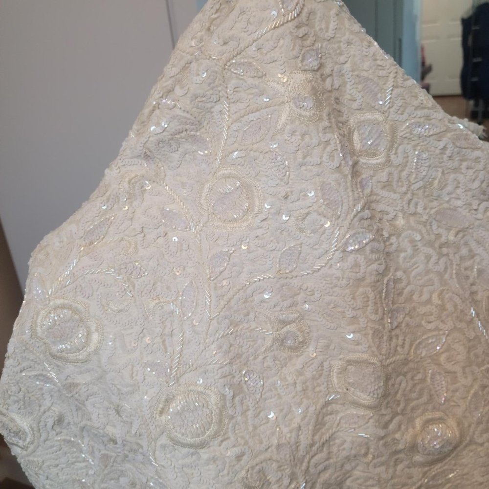 Exquisite Hand-beaded White Dupioni Silk from France--44" wide by 25" long--$180
